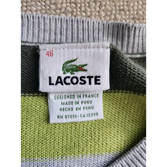 Lacoste Men's Crew Neck Gray & Green Striped 100% Cotton Sweater 46 - Picture 7 of 8
